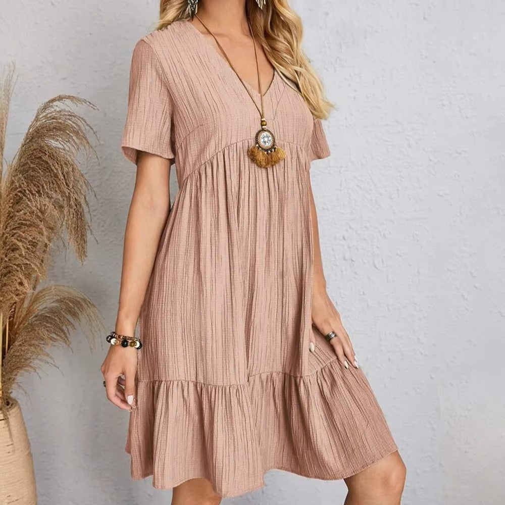 Mini Vestido Liso Verano con Cuello en V
