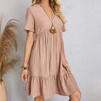Mini Vestido Liso Verano con Cuello en V